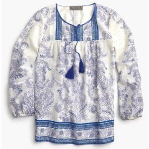 J. Crew Point Sur Embroidered Metallic Peasant Tunic Tassels Blue White Size S
